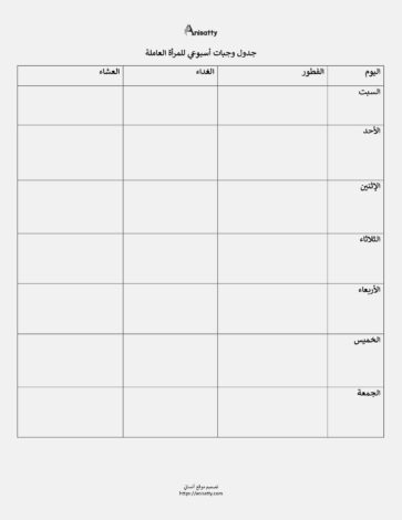ودّعي التوتر! خطوات ذكية في تنظيم وقت المطبخ للمرأة العاملة 2 جدول الوجبات الأسبوعي 1